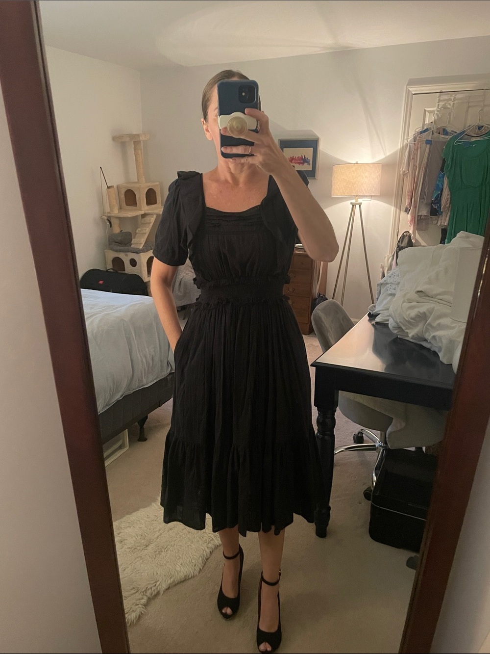 Cleobella Black Smocked Midi Dress with Puff Sleeves